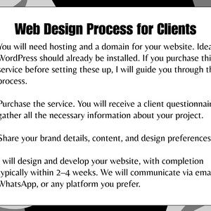 May include: A white graphic with the text "Web Design Process for Clients" and numbered steps for website development. The steps include hosting, domain, WordPress, client questionnaire, brand details, and website design.