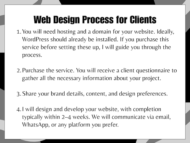 May include: A white graphic with the text "Web Design Process for Clients" and numbered steps for website development. The steps include hosting, domain, WordPress, client questionnaire, brand details, and website design.