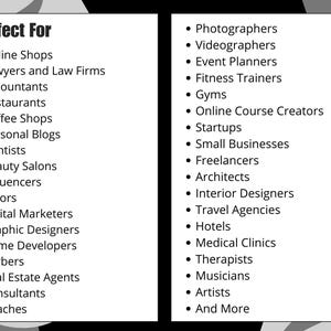 May include: A black and white graphic with the text "Perfect For" followed by lists of professions and businesses, including online shops, photographers, and restaurants. The text is in a sans-serif font.
