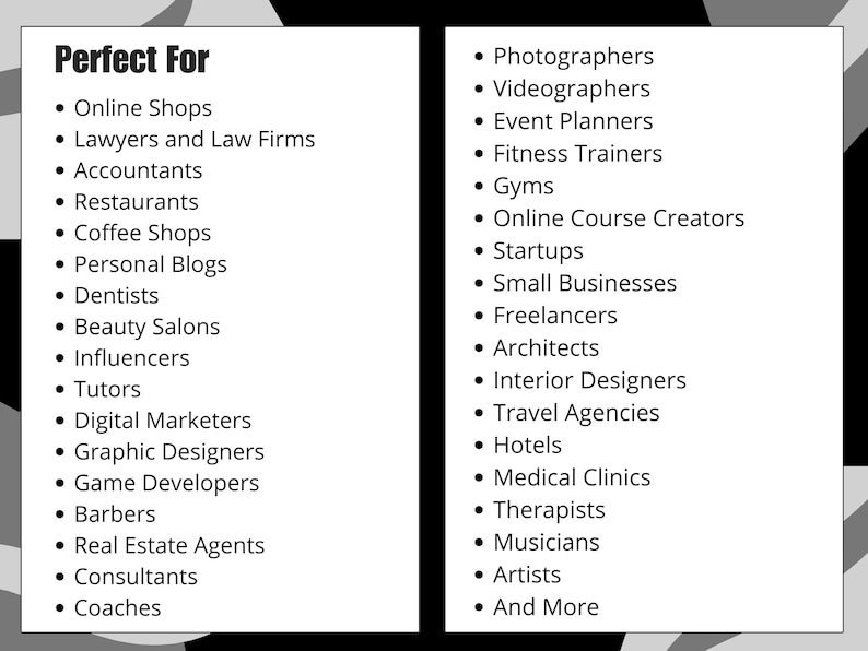 May include: A black and white graphic with the text "Perfect For" followed by lists of professions and businesses, including online shops, photographers, and restaurants. The text is in a sans-serif font.