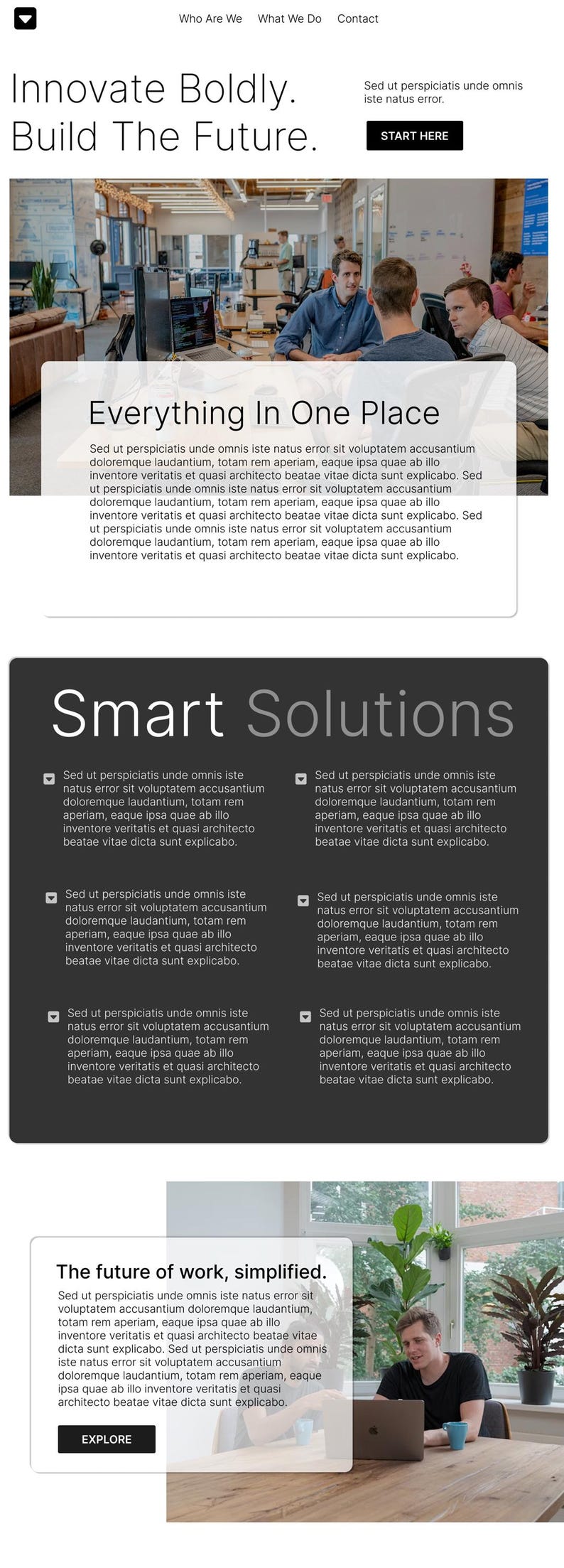 May include: A website design with the text "Innovate Boldly. Build The Future." and "Everything In One Place." The image includes a team of people working in an office setting, and the words "Smart Solutions" and "The future of work, simplified."