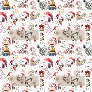 May include: A repeating pattern featuring Snoopy and Charlie Brown in Christmas attire. Illustrations include Snoopy with a Santa hat, holding bells, stockings, or lights, and Charlie Brown in a yellow shirt. The text Two Roots designs appears.
