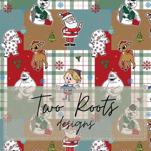 Peut inclure: Un tissu à motif répétitif représentant des personnages de Noël en dessin animé, dont le Père Noël, un renne, un bonhomme de neige, un elfe et un yéti sur un fond à carreaux avec des flocons et des sapins. Le texte Two Roots designs est superposé.