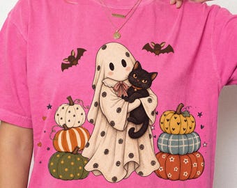 Cute Ghost Pumpkin Cat Shirt, Retro Ghost Fall Tee, Black Cat Halloween Shirt, Spooky Season Comfort Colors Tee