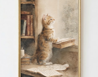 Cat Reading Poster, Vintage Kitten Wall Art, Book Lover Cat Print, Whimsical Nursery Decor, Cozy Library Wall Art,Digital Download