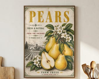 Pear Wall Art, Vintage Fruit Print, Botanical Fruit Art, Country Cottage Art, Fruit Gallery Wall, Gifts for Foodies, Kitchen Decor Fruit Art