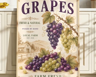 Grapes Wall Art, Vintage Fruit Print, Kitchen Wall Decor, Farmhouse Kitchen Decor, Rustic Vineyard Poster, Cottagecore Wall Art