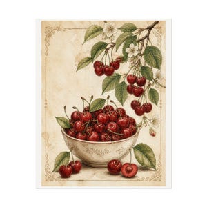 Cherry Wall Art, Vintage Fruit Print, Kitchen Wall Decor, Neutral Aesthetic Kitchen Decor, Farmhouse Wall Art, Fruit Poster image 2