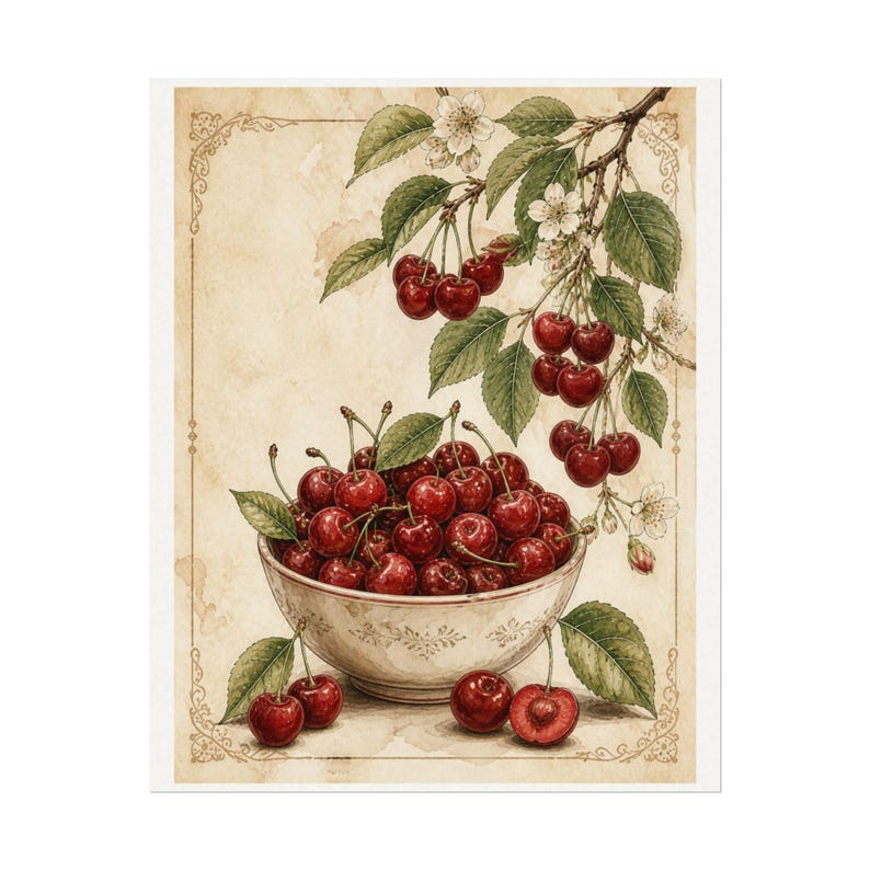 Cherry Wall Art, Vintage Fruit Print, Kitchen Wall Decor, Neutral Aesthetic Kitchen Decor, Farmhouse Wall Art, Fruit Poster image 2