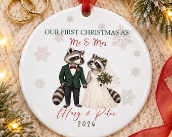 Personalized Newlywed Ornament, Our First Christmas Married, Mr and Mrs Keepsake, Custom Newlywed Gift, Raccoon Couple Metal Ornament, 2026
