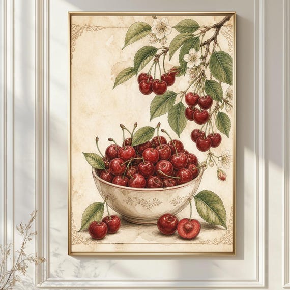Cherry Wall Art, Vintage Fruit Print, Kitchen Wall Decor, Neutral Aesthetic Kitchen Decor, Farmhouse Wall Art, Fruit Poster