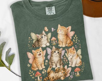 Botanical Cat Shirt, Fairy Kitten Tee, Whimsical Watercolor Cat Shirt, Cottagecore Wildflower Cats Tee, Vintage Butterfly Kitten