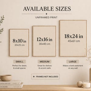 May include: Three unframed art prints in various sizes: 8x10 in, 12x16 in, and 18x24 in. The prints are displayed with decorative items like vases, books, and candles. The text on the prints indicates the sizes and that frames are not included.