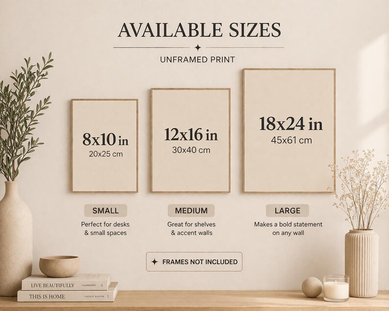 May include: Three unframed art prints in various sizes: 8x10 in, 12x16 in, and 18x24 in. The prints are displayed with decorative items like vases, books, and candles. The text on the prints indicates the sizes and that frames are not included.