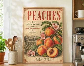Peaches Wall Art, Vintage Fruit Print, Botanical Art, Country Cottage Decor, Kitchen Gallery Wall, Neutral Aesthetic