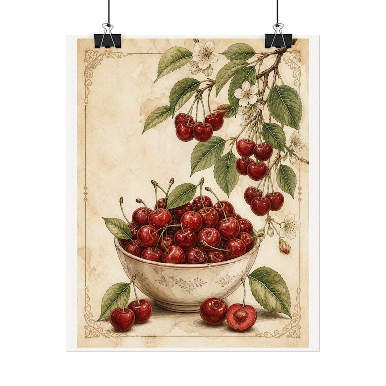 Cherry Wall Art, Vintage Fruit Print, Kitchen Wall Decor, Neutral Aesthetic Kitchen Decor, Farmhouse Wall Art, Fruit Poster image 4