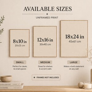 May include: Three unframed art prints in various sizes: 8x10 in, 12x16 in, and 18x24 in. The prints are displayed with decorative items like vases, books, and candles. The text on the prints indicates the sizes and that frames are not included.
