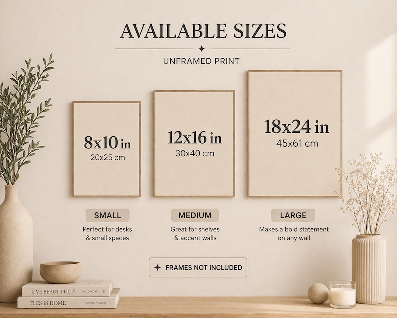 May include: Three unframed art prints in various sizes: 8x10 in, 12x16 in, and 18x24 in. The prints are displayed with decorative items like vases, books, and candles. The text on the prints indicates the sizes and that frames are not included.