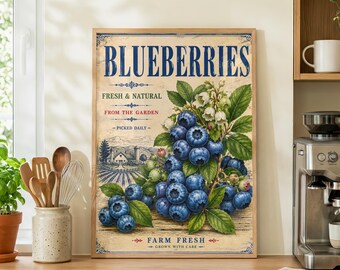 Blueberry Wall Art, Vintage Fruit Print, Botanical Kitchen Decor, Country Cottage Art, Farmhouse Gallery Wall, Foodie Gift