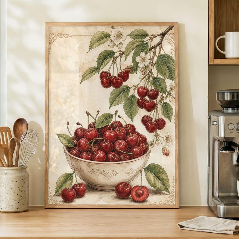 May include: A framed print featuring a still life of cherries. A white bowl filled with ripe red cherries sits below a branch laden with cherries and green leaves. The background is a vintage-style parchment.