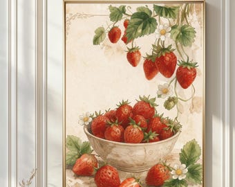 Strawberry Wall Art, Vintage Strawberry Print, Botanical Fruit Poster, Farmhouse Kitchen Decor, Cottage Kitchen Art