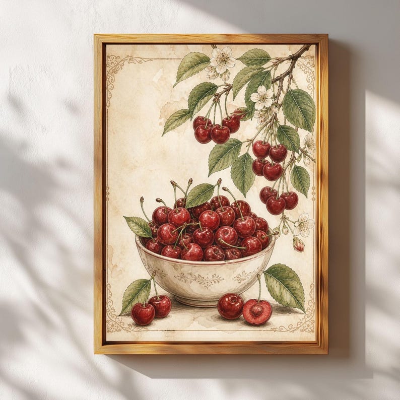 May include: A framed print featuring a watercolor illustration of cherries. A white bowl filled with ripe red cherries sits below a branch laden with cherries and green leaves. The background is a vintage-style parchment.