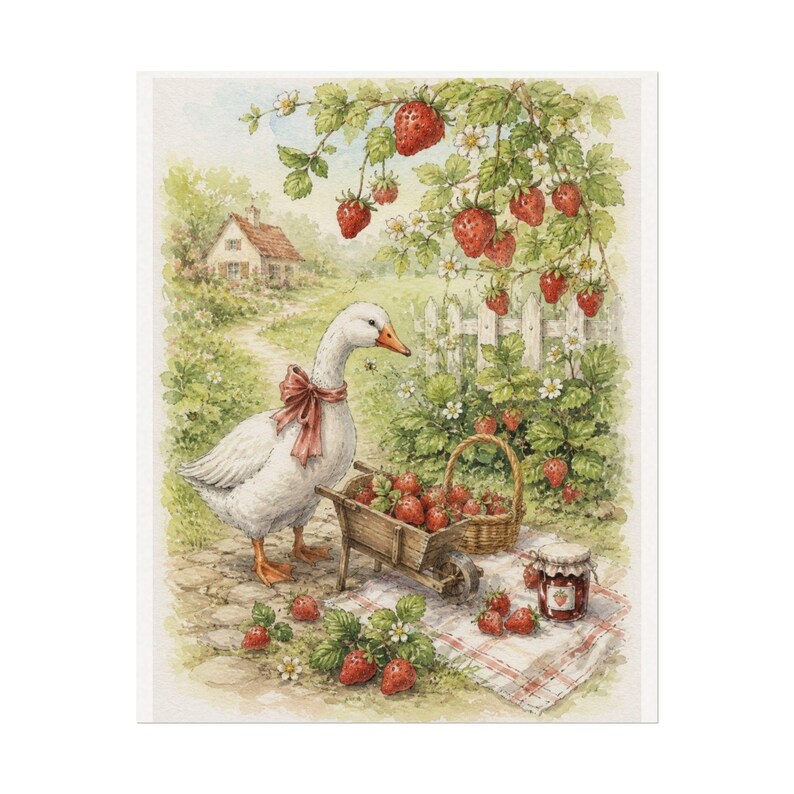 Strawberry Goose Wall Art, Cottagecore Farmhouse Decor, Vintage Goose Print, Whimsical Strawberry Kitchen Art, Shabby Chic Country Decor image 4