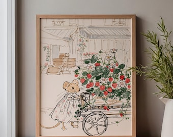 Whimsical Kitchen Wall Art, Mouse Kitchen Decor, Strawberry Kitchen Decor, Cottagecore Kitchen Decor, Mouse Chef, Vintage Kitchen Print