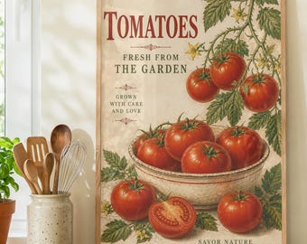 Vintage Tomatoes Wall Art Print, Kitchen Wall Decor, Farmhouse Kitchen Art, Botanical Tomato Poster, Rustic Home Decor, Matte Print