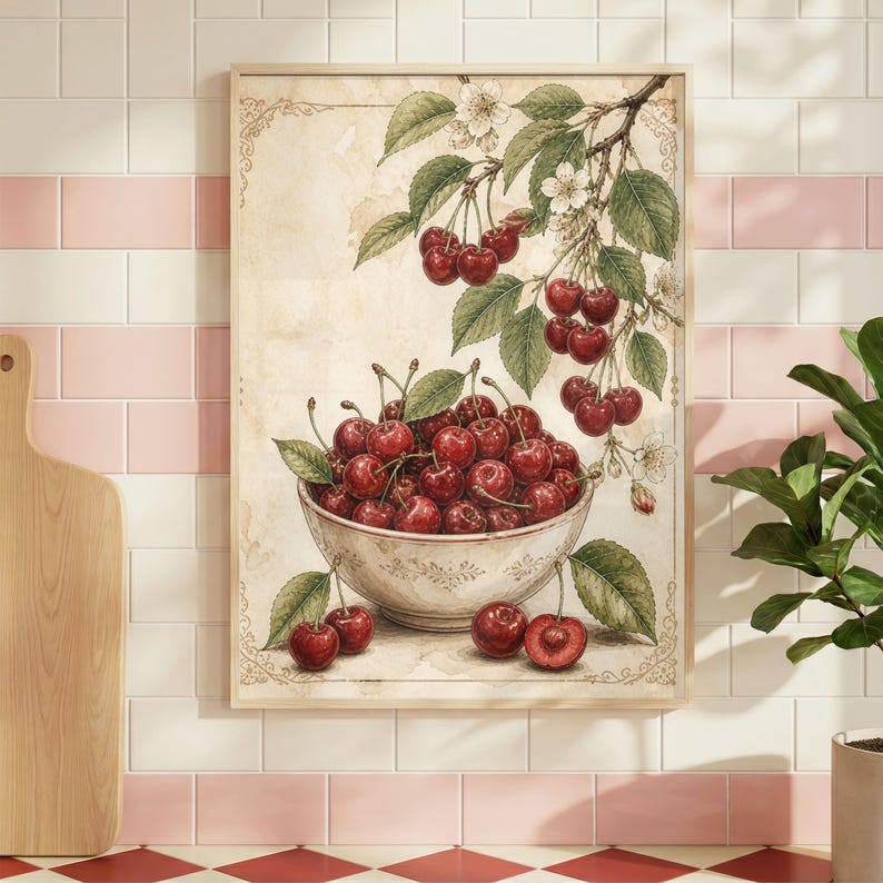 May include: A framed vintage-style print featuring a bowl overflowing with ripe red cherries. The cherries are surrounded by green leaves and a branch with white blossoms. The print has a beige background and a wooden frame.