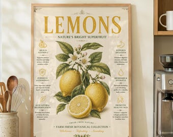 Lemon Kitchen Wall Art, Vintage Lemon Print, Farmhouse Kitchen Decor, Botanical Fruit Poster, Cottagecore Kitchen Wall Decor, Neutral Wall A