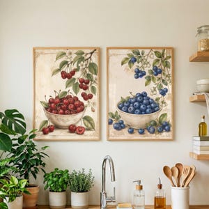 May include: Two framed art prints featuring vintage-style illustrations of fruit. One print shows a bowl of red cherries, the other a bowl of blueberries. Both prints have a cream-colored background and are framed in light wood.