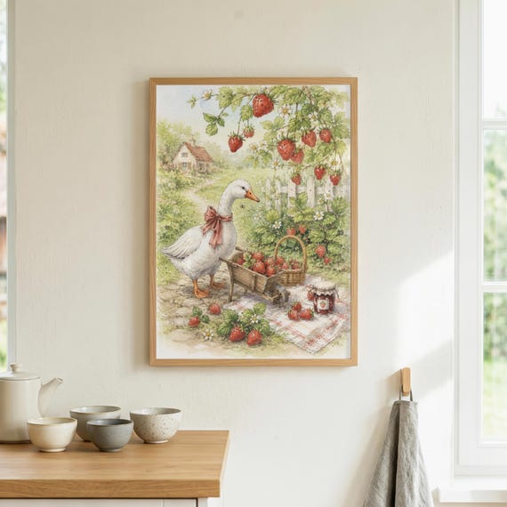 Strawberry Goose Wall Art, Cottagecore Farmhouse Decor, Vintage Goose Print, Whimsical Strawberry Kitchen Art, Shabby Chic Country Decor