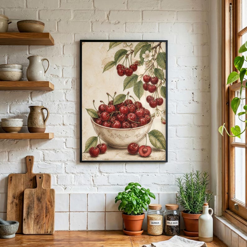 May include: A framed print featuring a bowl overflowing with ripe red cherries. The cherries are depicted with green leaves and stems, set against a vintage-style background. The artwork is framed in a black border, adding a classic touch to the kitchen decor.