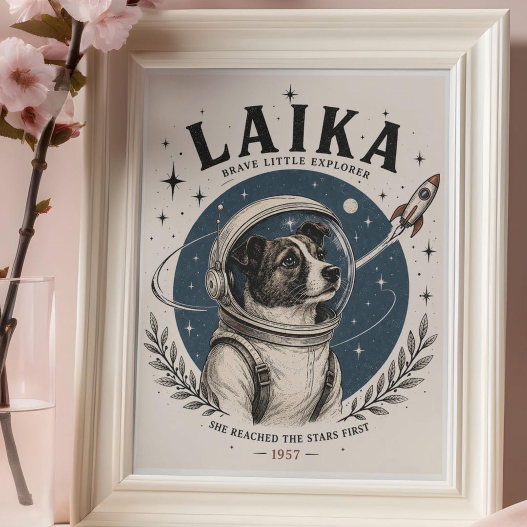 Laika Space Dog Print, Vintage Astronaut Dog Wall Art, Celestial ...
