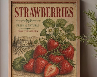 Strawberry Kitchen Wall Art, Rustic Farmhouse Decor, Vintage Fruit Poster, Cottagecore Kitchen Print