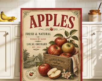 Apple Kitchen Wall Art, Rustic Farmhouse Decor, Vintage Fruit Poster, Orchard Kitchen Print, Cottagecore Kitchen Decor