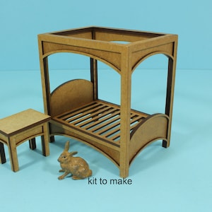 1:24 kit for miniature bed, half scale four poster, side tables for dollhouse, laser cut set,  miniature furniture