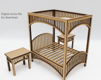 1:12 dollhouse bed, design file, twelfth scale, digital download, laser cut, dolls four poster, canopy bed, tables, miniature bedroom set
