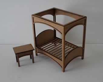 1:12 Scale Miniature Canopy Bed with Side Table - Dollhouse Furniture