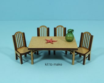 1:24 dollhouse furniture kit, farmhouse table and chairs, half inch scale dining room, mini furniture set, half scale dollhouse miniature