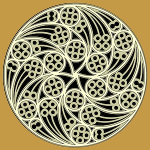 Puede incluir: Un diseño circular en blanco y negro con un patrón repetitivo de círculos y espirales. El diseño está sobre un fondo dorado.