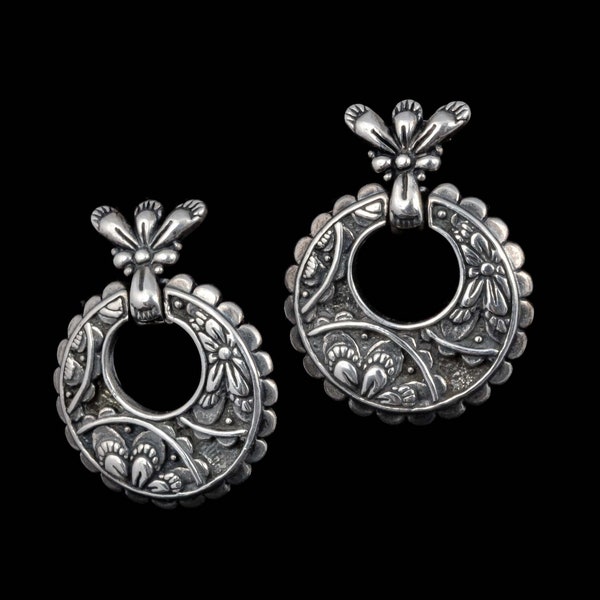vintage Carolyn Pollack sterling silver dangle Earrings ~ heavy embossed floral design