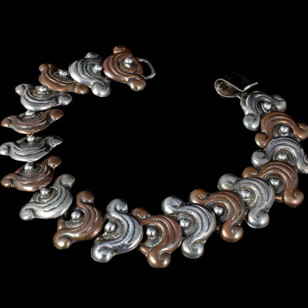 M Ocampo Mexican silver and copper Bracelet // Taxco Deco mixed metals