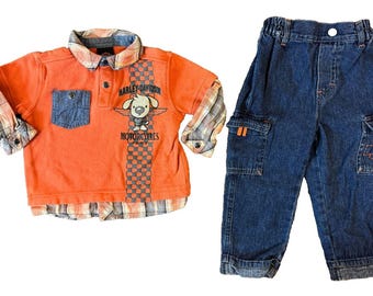 Conjunto Harley Davidson para niño de 18 meses con camisa vaquera y logo de perro vintage Y2K