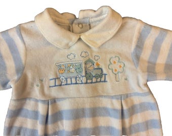 Vintage Little Me Baby Boy Romper 3 Months Train Animals Striped Collar Pleats