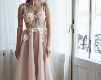 Blush Peony 3d floral Midi Dress with corset top and mesh bottom