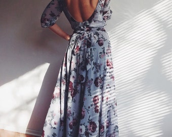 Floral print maxi chiffon dress with scoop back Bridesmaid dress Wedding dress Rehearsal dinner romantic rustic dress