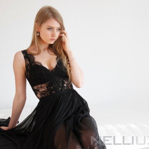 Handmade Romantic Midnight Dress Maxi Dress Lace Maxi Backless Dress Open Back Dress Chiffon Dress Evening Gown Black Dress image 4