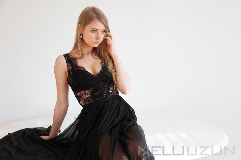 Handmade Romantic Midnight Dress Maxi Dress Lace Maxi Backless Dress Open Back Dress Chiffon Dress Evening Gown Black Dress image 4